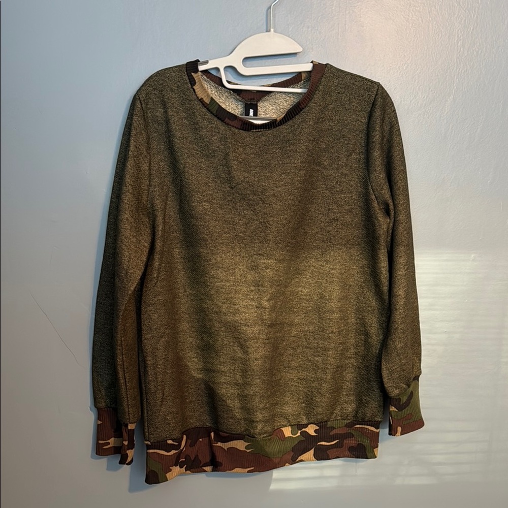Agnes & Dora Green Camo Trim Sweater
